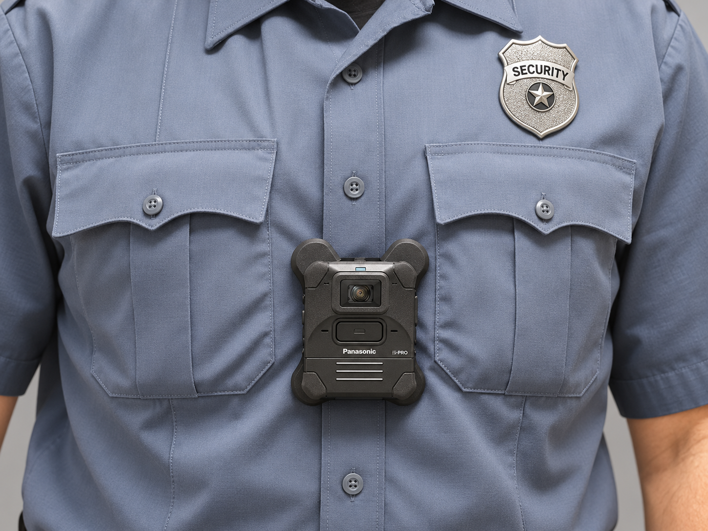 Panasonic / i-PRO body camera on plain uniform with generic SECURITY badge