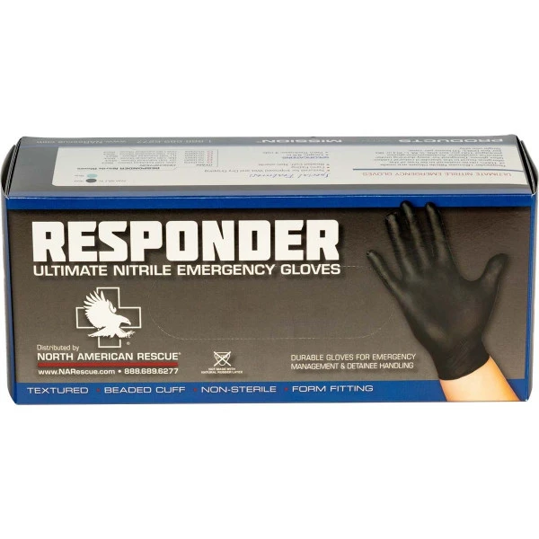 North American Rescue Responder Black Nitrile Gloves · Box of 100